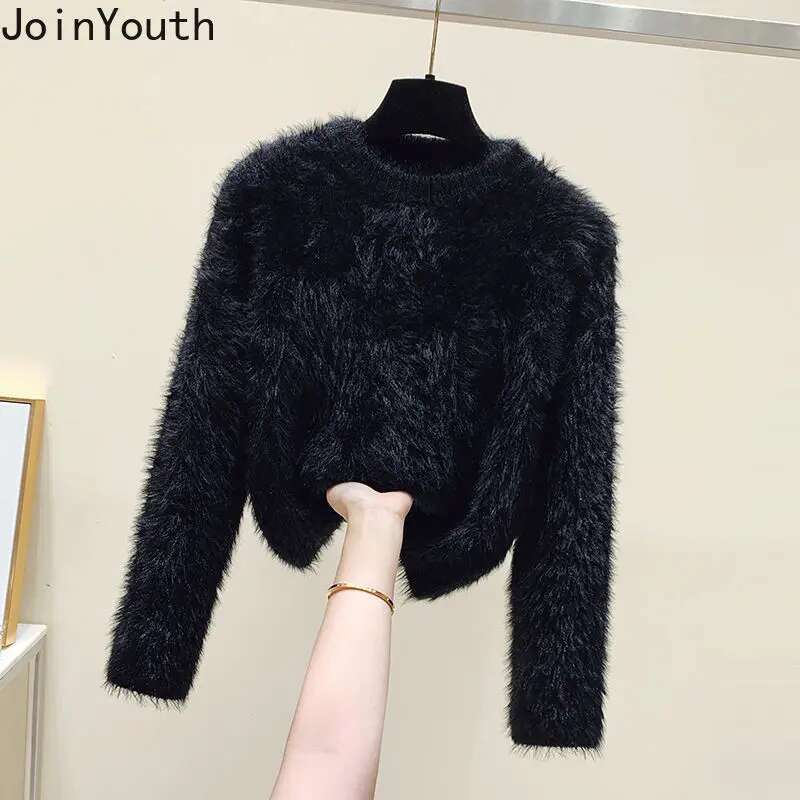 White Cropped Pullovers for Women 2025 Ropa Mujer Long Sleeve O-neck Knitting Sweater Tops Fashion Korean Furry Soft Pull Femme