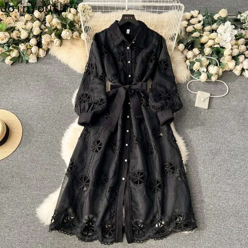 Maxi Dresses for Women Vintage Heavy Embroidery Robe Femme Single Breasted Bandage A-line Hollow Out Dress Vestidos De Mujer