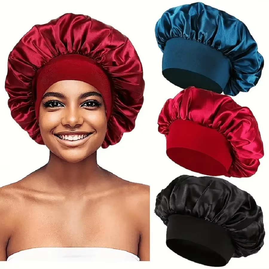 1pcs Soft Silk Satin Cap Hair Lined Bonnet Large Satin Hair Bonnet Household Sleep Shower Cap Hair Wrap Cover Hat Casual for Straight Hair Sleeping Ha