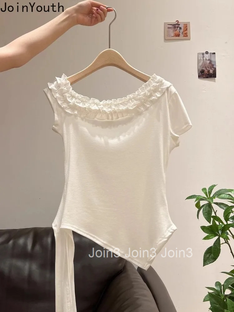 Korean T Shirt Womens Bandage Short Sleeve Ruffles Skew Collar Tunic Tees Summer Camisetas Off Shoulder Irregular Sexy T-shirts
