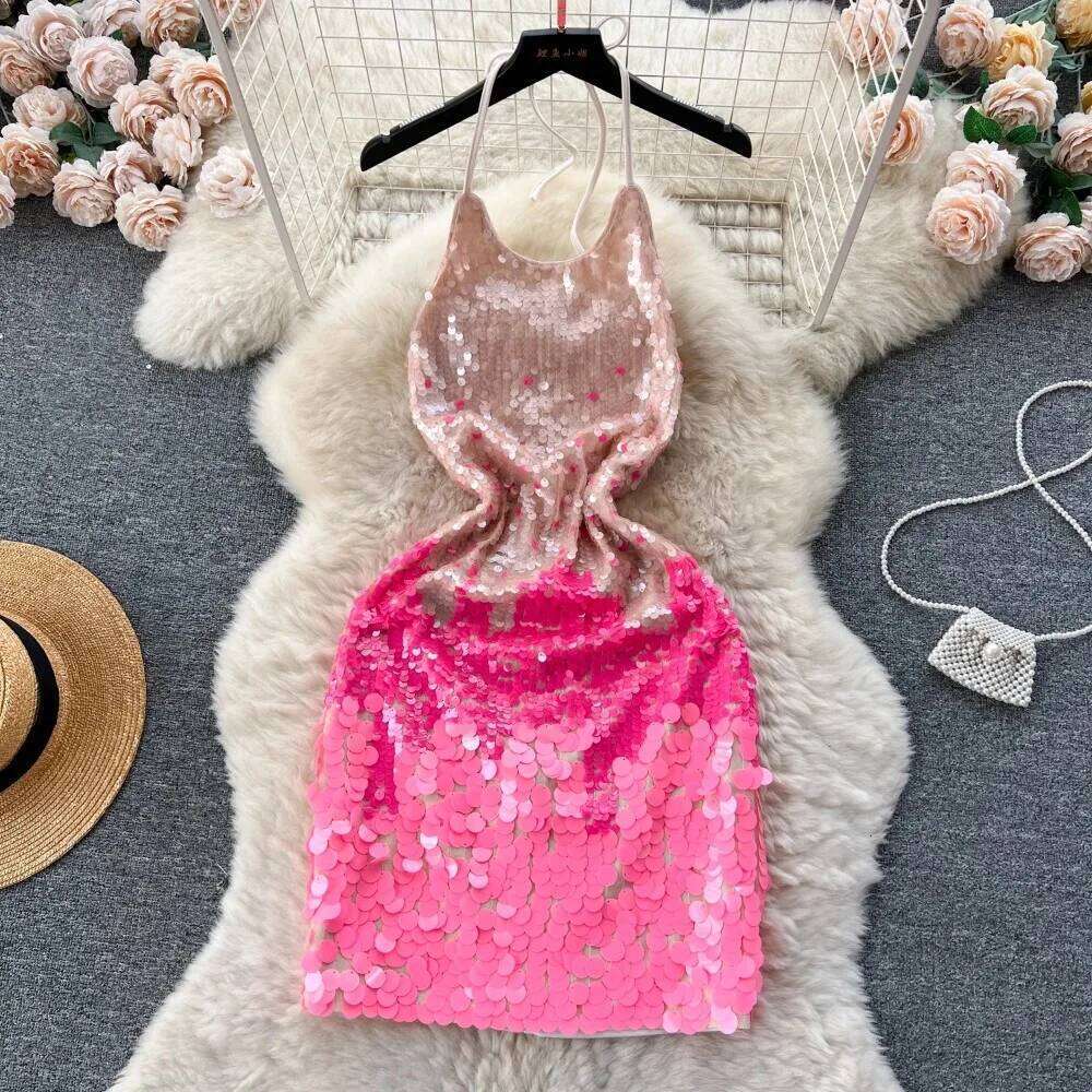 Halter Sleeveless Gradient Sequin Basic Hollow Backless Fashion Sexy Chic Elegant Party Vestidos Slim Women Dress