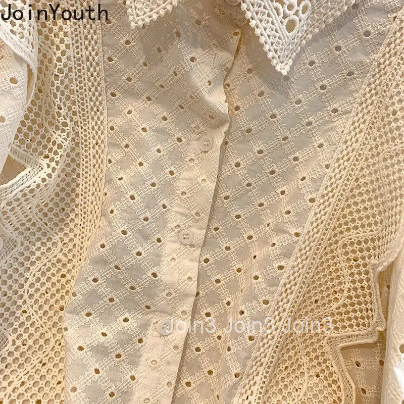 Crop Tops Women Shirt 2025 Blusas Mujer De Moda Hollow Out Patchwork Lace Long Sleeve Blouse Ruffles Chic Korean Sweet Blouses