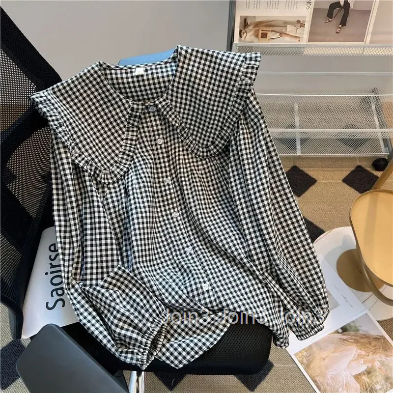 Chic Plaid Blouse Women Preppy Style Peter Pan Collar Sweet Shirts Loose Vintage Ruffles Cute Camisas De Mujer Oversized Tops