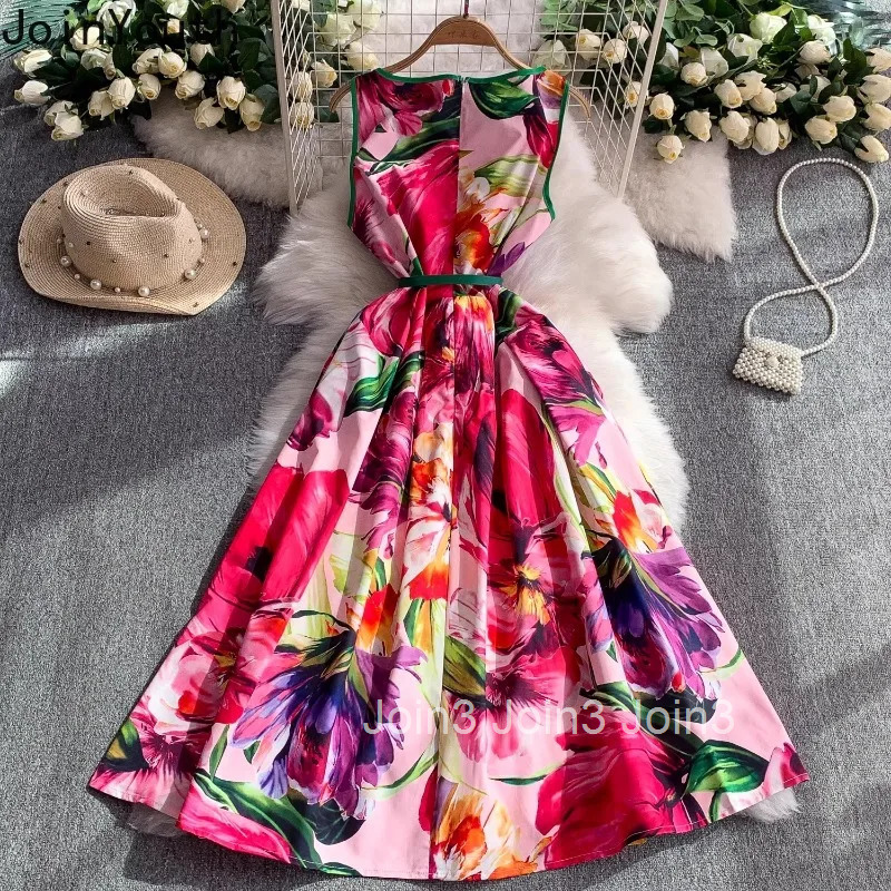 Summer Floral Print Dresses for Women 2025 Vestidos De Mujer Slim Waist Sleeveless Robe Femme O-neck Big Swing Chic Maxi Dress
