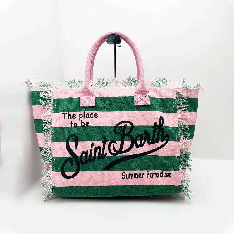 SAINT BARTH European And American New Women's Large Capacity Casual Travel Canvas Striped Handmade Tassel Handbag Tote Bag