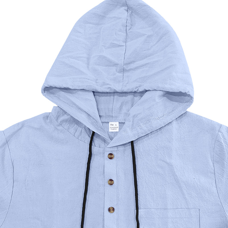 Men's linen shirt, casual short-sleeved simple pullover loose men's hooded Henry short-sleeved T-shirt S-3XL (European Size)
