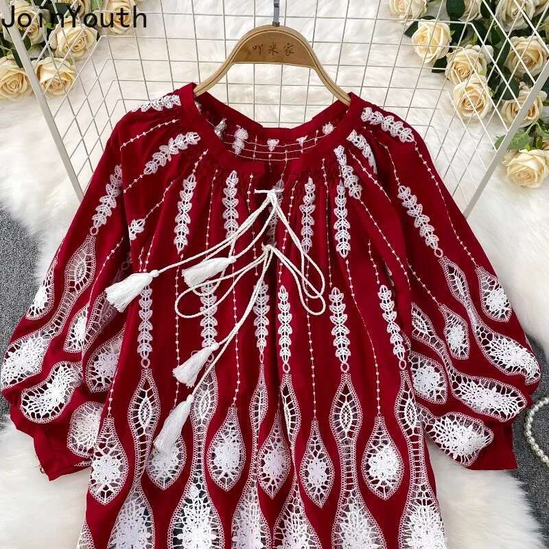 Summer Women Clothes 2 Piece Sets O-neck Lantern Sleeve Shirt High Waist Wide Leg Shorts Outfite Hollow Out Lace Chic Retro Suit