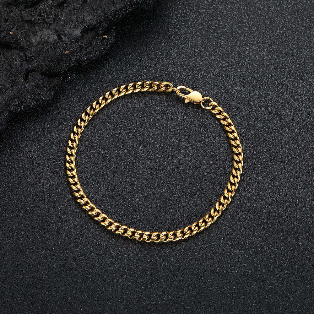 Stainless Round Polished Encrypted Cuban Chain Hip Hop Men's Titanium Steel Gold Bracelet 8f95