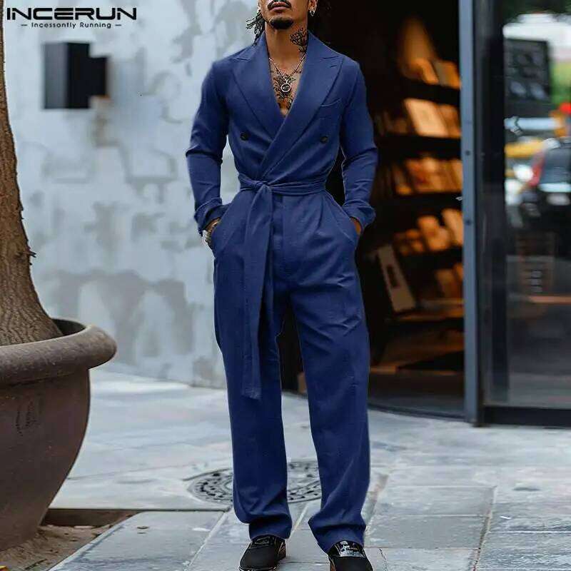 INCERUN 2024 American Style Fashion Jumpsuit Men's Suit Neck Double Breasted Jumpsuits Long Sleeved Casual Rompers S-5Xl