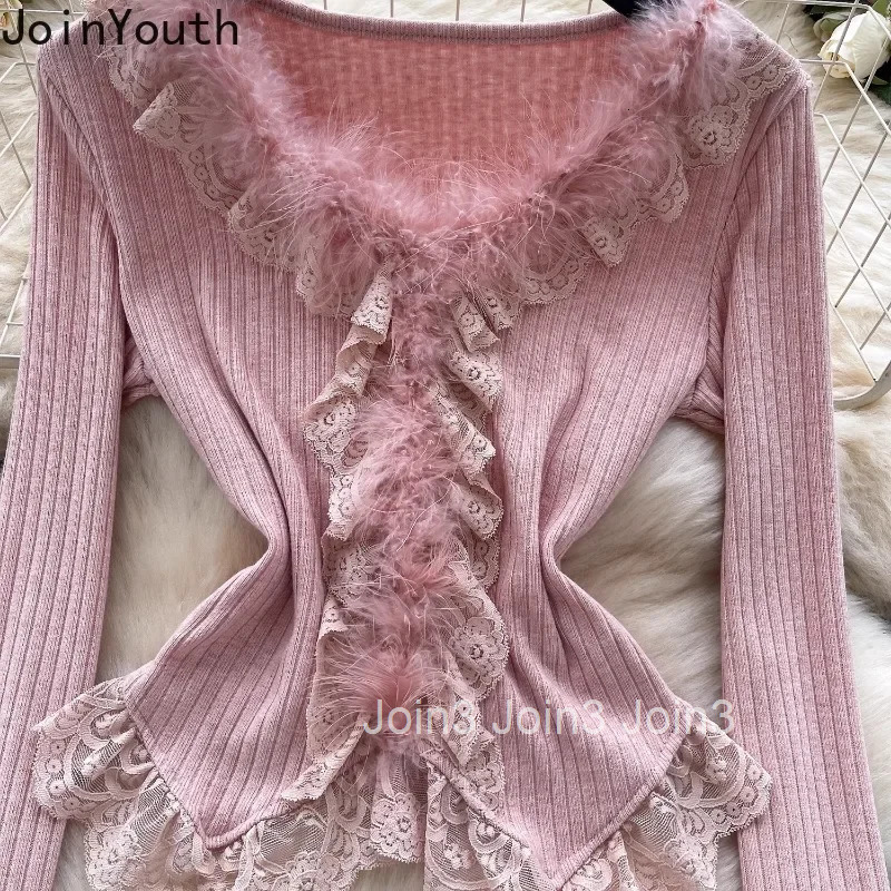 Skirts Ouftis Korean Two Piece Sets Womens Clothing Patchwork Lace V-neck Tops Ruffles Bodycon Mini Skirt Suit Chic Knitted Set