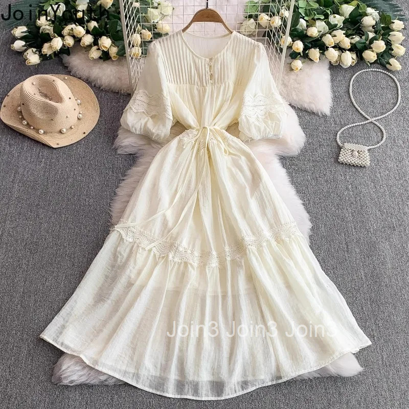 2025 Vestidos De Mujer Summer Dress for Women Slim Waist Patchwork Lace Robe Femme Lantern Sleeve O-neck Tunic Vintage Dresses