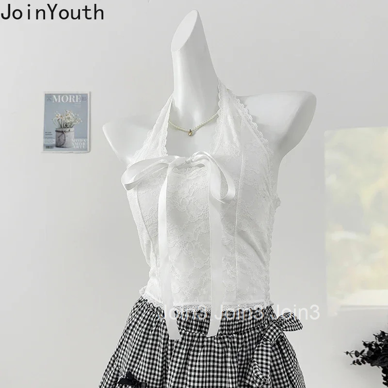 Chic Crop Top Sexy Vest Womens Clothing V-neck Bandage Sleeveless Tunic Camis 2025 Ropa Mujer Backless Lace Folds Summer Tanks