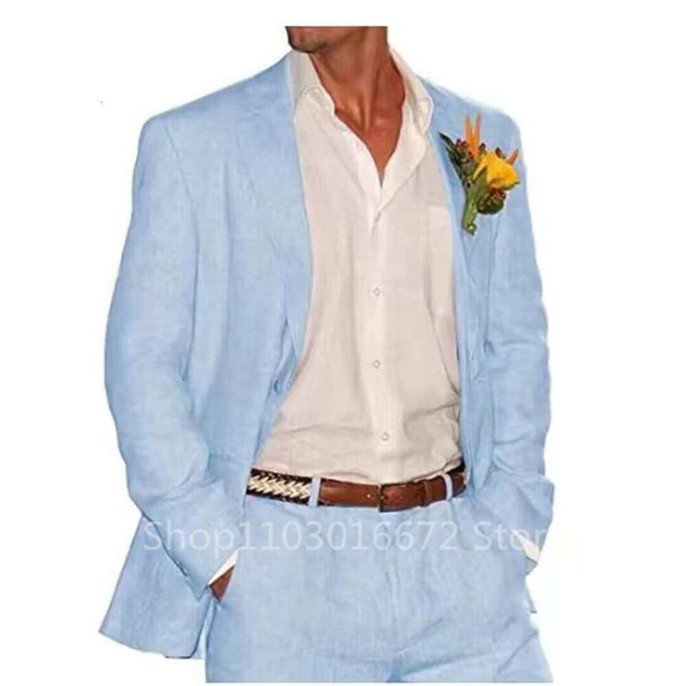 Light Blue/Beige Linen Men Suits 2 Piece Groom Tuxedos Notch Lapel Slim Fit Blazer Pants Sets Wedding Prom Summer Costume Homme