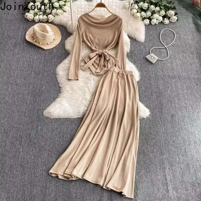 Korean 2 Piece Sets Womens Outfits Roupas Femme Slash Neck Bandage Slim Waist Tops Big Swing High Waist Skirt Suit Summer Set
