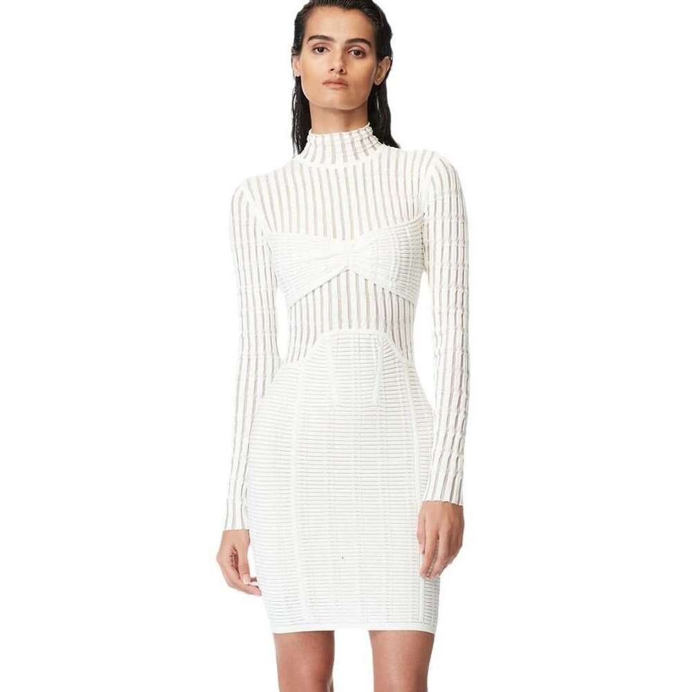 White Skirt Maxi Skirt Hofnige Summer New Tight Mesh See Through Sexy Bodycon White Stand Collar Long Sleeve Bandage Dress Long Skirt