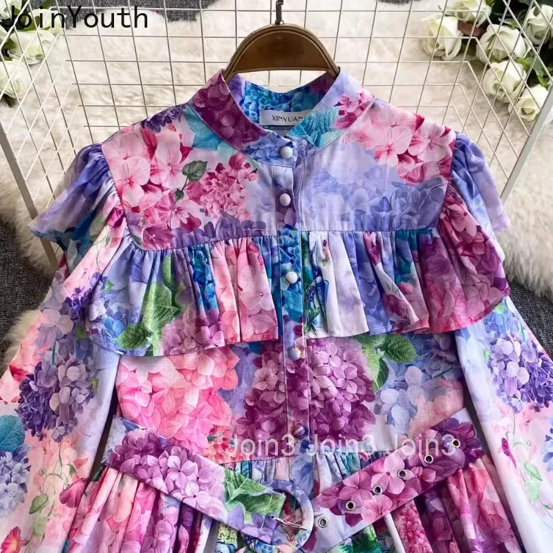 Temperament Woman Dress Floral Summer Robe Femme Stand Neck Lantern Sleeve Ruffles A-line Mini Dresses 2025 Vestidos De Mujer