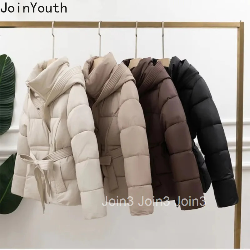 Winter Parkas New Moda Thicked Warm Women Clothing Slim Waist Lace Up Solid Elegant Jackets Tops Casual Vintage Hooded Down Coat