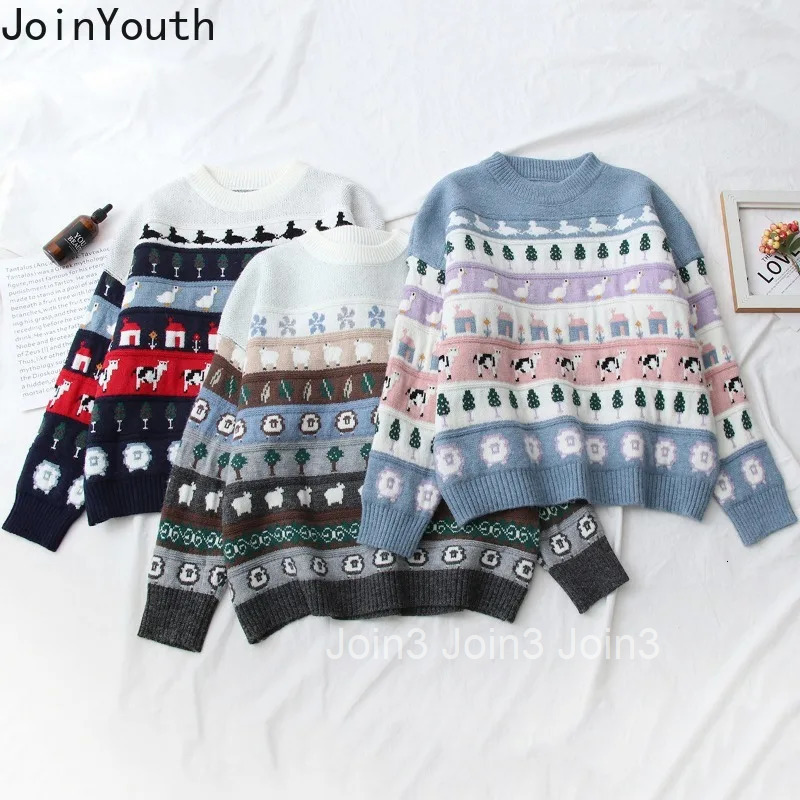 Japanese Jumper Preppy Style Fashion Pullovers Women Clothing Cartoon Print Casual Knitted Oversized Sweater Tops Pull Femme