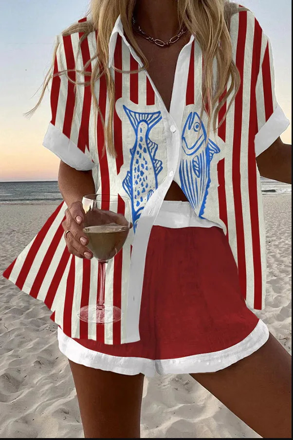 Fashion Print Beach Holiday 2 Piece Set Women Summer Short Sleeve Shirt Top Wide Legs Shorts Womens Oversize Two Piece Outfit 250617