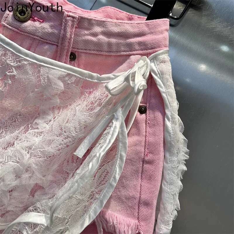Y2k Shorts Women 2025 New Bottoms Patchwork Lace Summer Wide Leg Shorts Fashion Korean Denim Pants Pantalones Cortos De Mujer