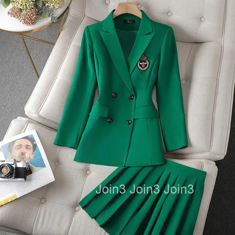 Temperament Skirt Outfits Korean Chic 2 Piece Set Womens Clothing Double-breasted Tunic Jackets High Waist Pleated Mini Skirts