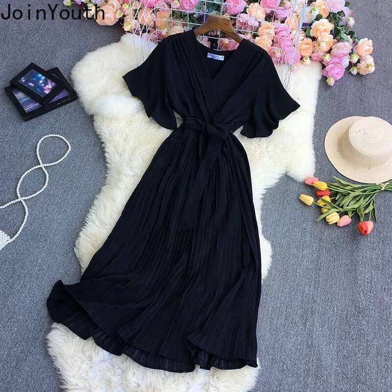 Maxi Dresses for Women V-neck Korean Vintage Long Robe 2025 Vestidos De Mujer Bandage Dress Fashion Pleated Summer clothes