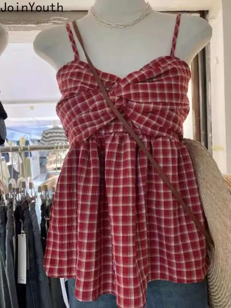 2025 Ropa Mujer Sweet Tanks for Women Plaid Crop Tops Sexy Sling Vest Fashion Summer Camis Sleeveless Backless Loose Y2k Top