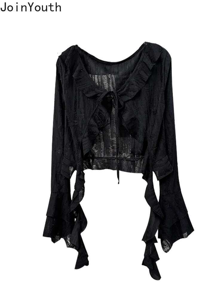 Irregular Crop Tops Blouses Women Hole Flare Sleeve Bandage Shirts 2025 Blusas Mujer De Moda Ruffles See Through Summer Blouse