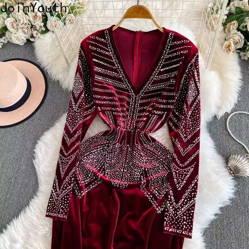 Velvet Woman Fishtail Dress V-neck Tunic Temperament Robe Femme 2025 Vestidos De Mujer Fashion Beading Bodycon Party Dresses