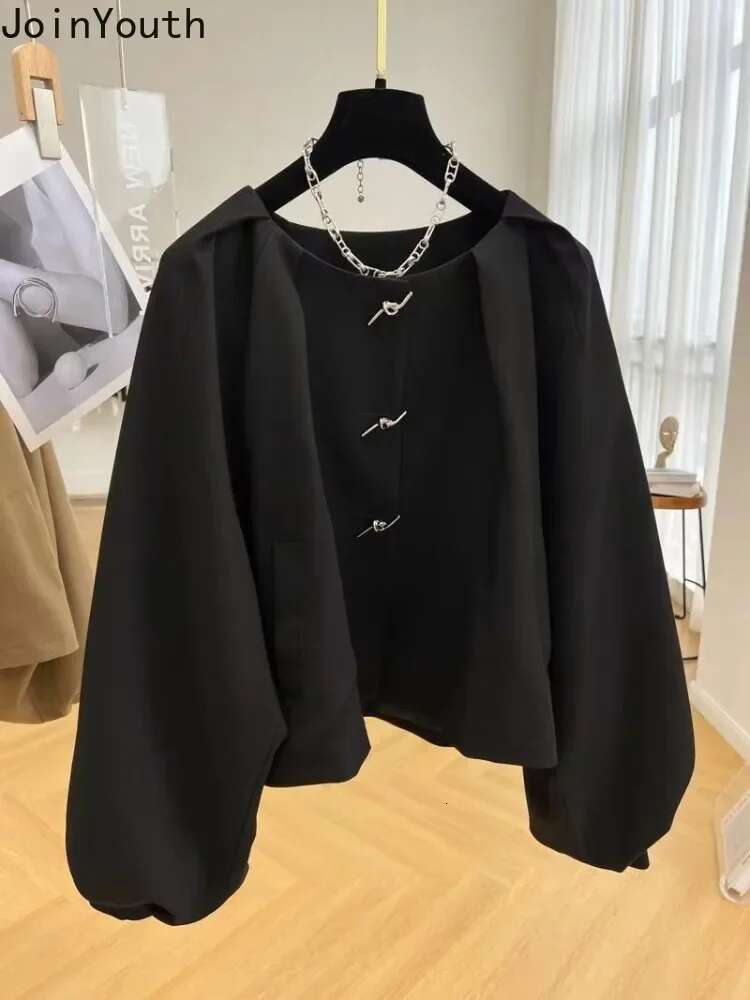 Lantern Sleeve Jackets for Women Loose O-neck Temperament Outwear Crop Tops 2025 Ropa Mujer Fashion Vintage Solid Color Coat