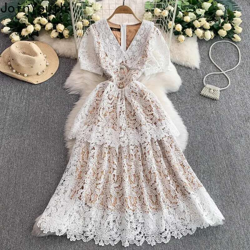 Elegant Dress Women Clothing Lace V-neck Short Sleeve Slim Waist Robe Femme 2025 Vestidos De Mujer A-line Vintage Summer Dresses