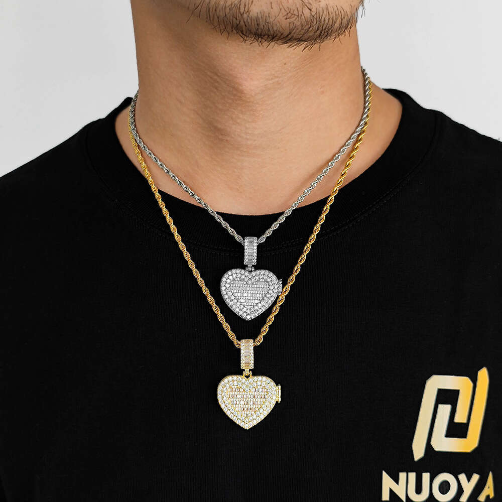 Hip Hop Small Flip Cover Heart Pendant Copper Inlaid Zircon Trendy Brand Personality Photo Frame Men's Necklace 04b2