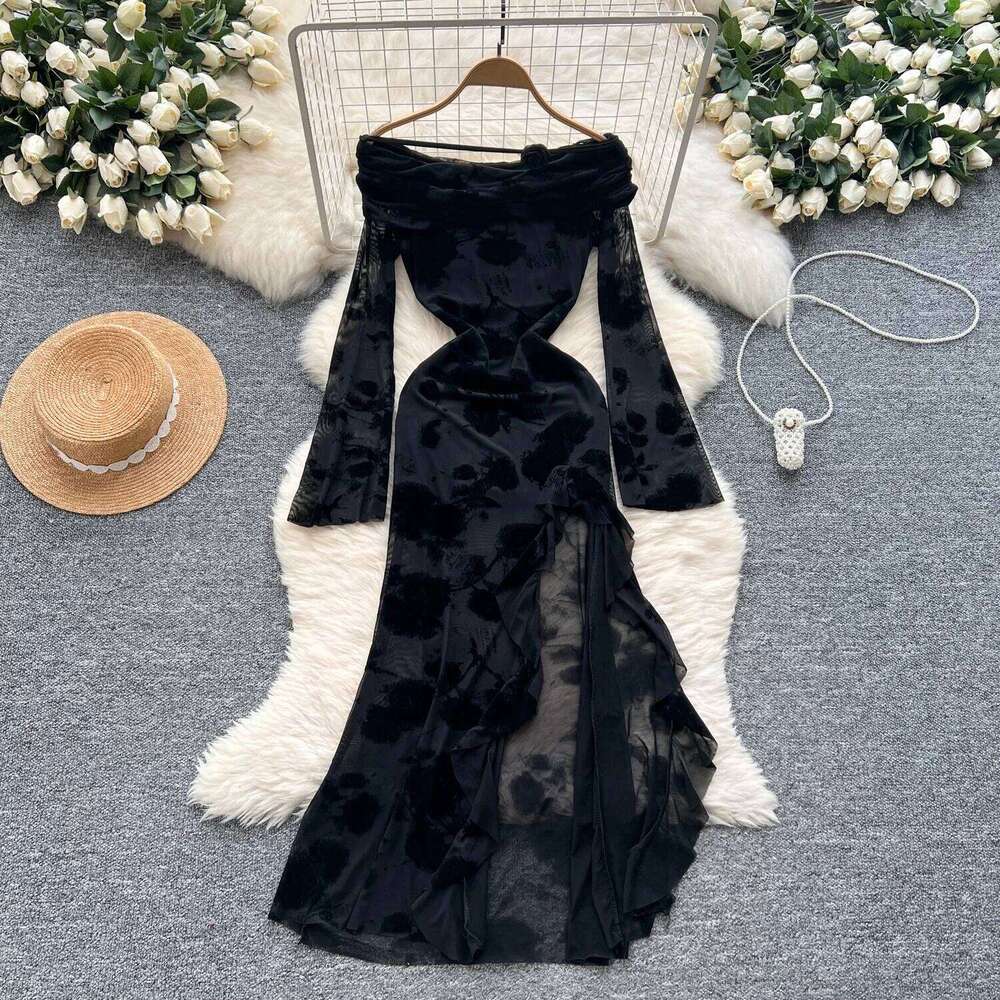 Elegant Sleeves Sexy Slash Neck Chic Pleated Flocking Mesh Split Ruffle Slim Long Dress Evening High Street Autumn Clothing