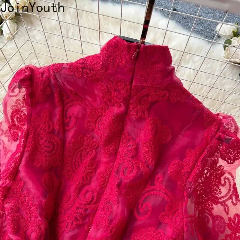2025 Vestidos De Mujer Maxi Dresses Women Lantern Sleeve Stand Neck Temperament Robe Femme Lace Gauze Embroidery Elegant Dress