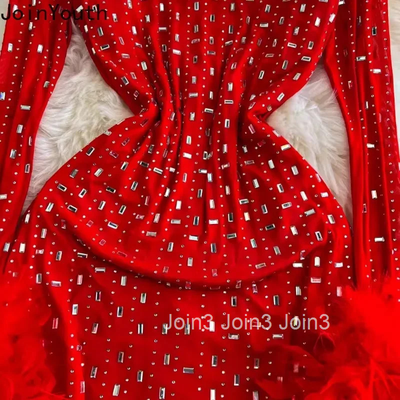 Maxi Dresses for Women O-neck Slim Waist Temperament Robe Femme Gauze Diamond Feather Sexy Party Dress 2025 Vestidos De Mujer