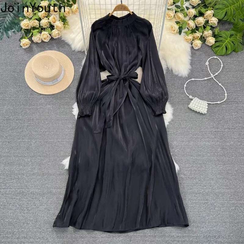 Maxi Dresses Women Temperament Lantern Sleeve Stand Neck Robe Femme 2025 Vestidos De Mujer Bandage A-line Vintage Summer Dress