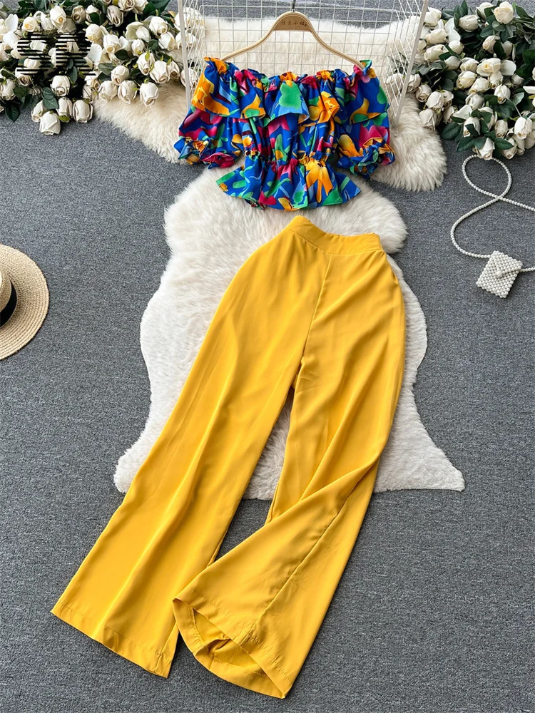 SINGREINY Fashion Two Piece Sets Women Ruffles Floral Print Shirt Elastic Waist Wide Leg Long Pants Korean Slim Summer Suit 250617