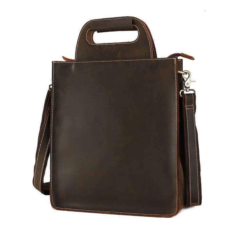New Men's Handbag Genuine Men Shoulder Crossbody Bag 13" Laptop Bags Vertical Square Retro Handmade First Layer Leather