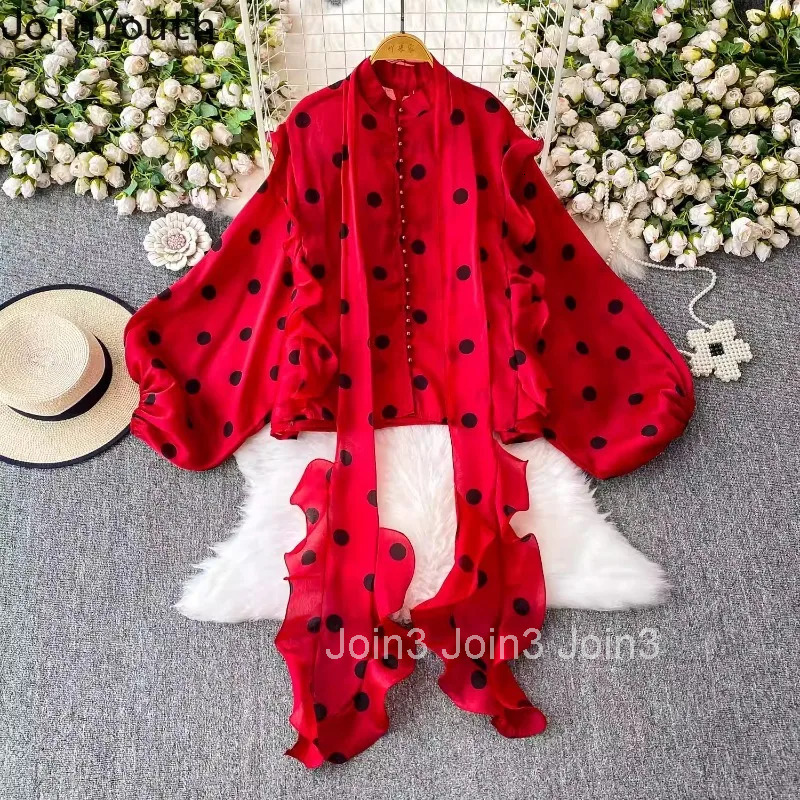 2025 Blusas Mujer De Moda Blouses for Women Stand Neck Bangage Lantern Sleeve Loose Shirts Vintage Polka Dot Ruffles Blouse Tops