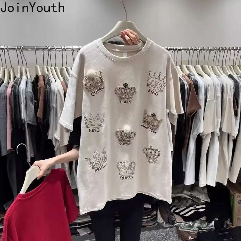 Oversized Tshirts 2025 Womens Clothing Short Sleeve O-neck Summer Tees Y2k Tops Ropa Mujer Casual Korean Chic Diamond T Shirts