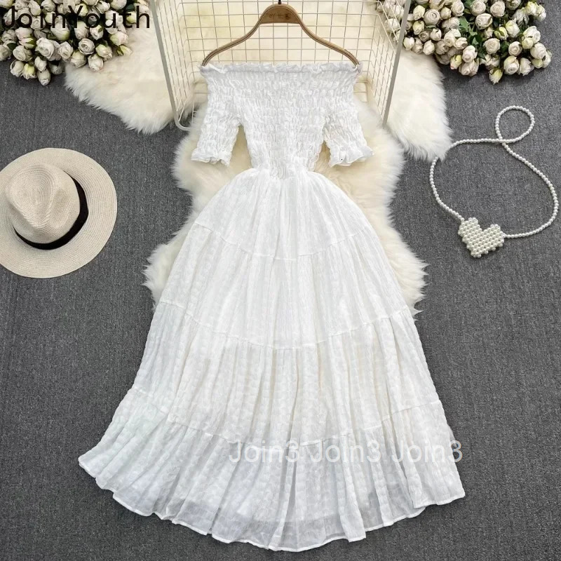 Summer Woman Dress Short Sleeve Slash Neck Folds Robe Femme Vestidos De Mujer Slim Waist Off Shoulder Fashion Sweet Maxi Dresses