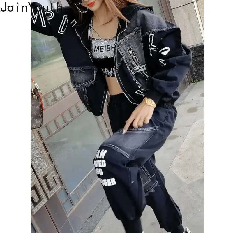 Womens 2 Piece Clothes Sets Fashion Jeans Denim Coat Clothes Oversized Hooded Jacket Pants Outfits Korean Women Two Piece Set