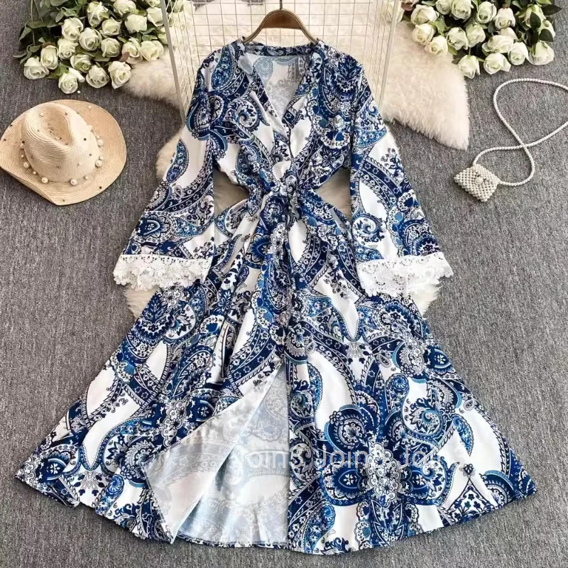 Temperament Floral Robe Femme Vintage Maxi Dresses for Women 2025 Vestidos De Mujer V-neck Flare Sleeve A-line Slim Waist Dress