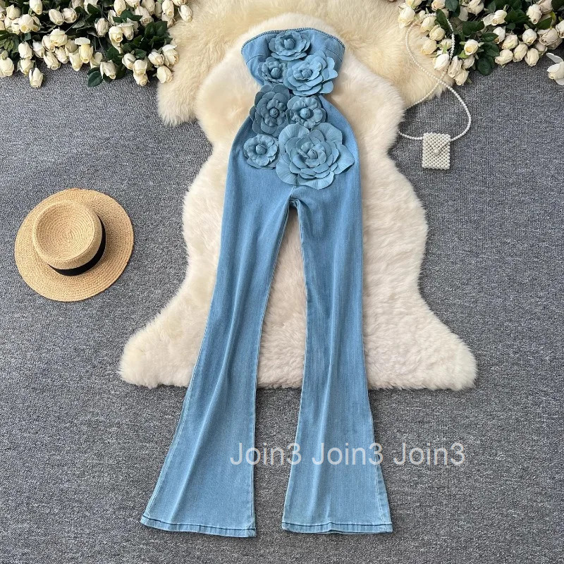 Jumpsuits for Women 2025 Summer Y2k Clothing Fashion Sexy Bodysuit Backless Sleeveless Casual 3D Floral Summer Denim Playsuit