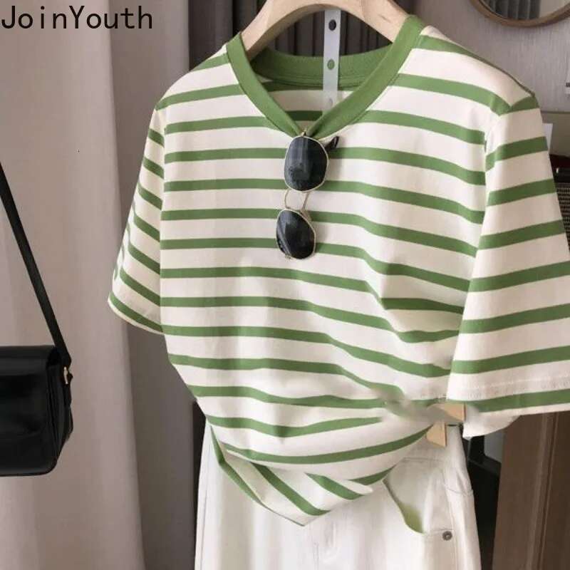 Cotton Shirts for Women Striped Chic T Shirts 2025 Ropa Mujer Short Sleeve O-neck Tees Casual Korean Y2k T-shirts Oversized Tops
