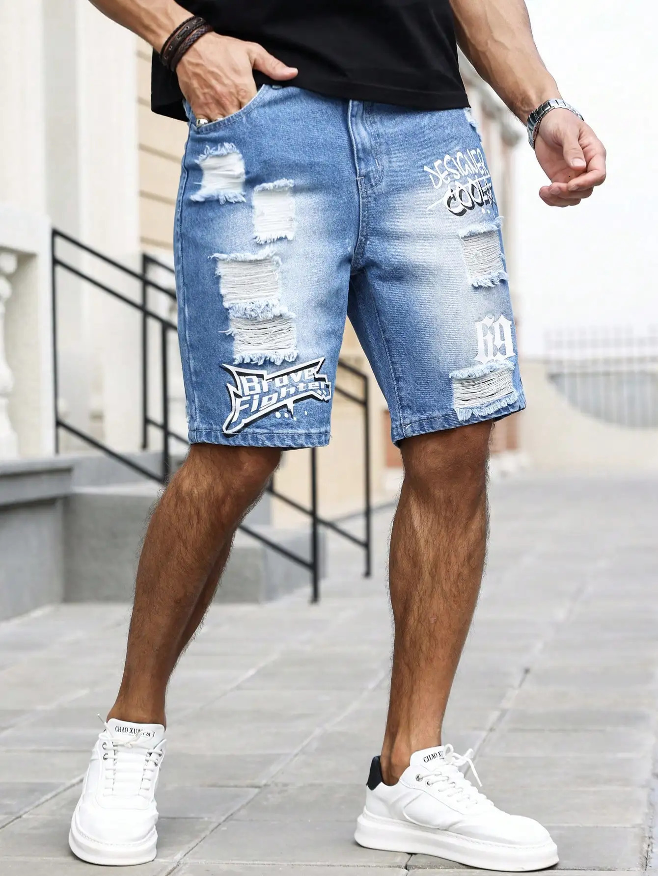 Mens Summer Blue Ripped Printed Denim Shorts. Trendy ripped . Stylish text prints. 250617