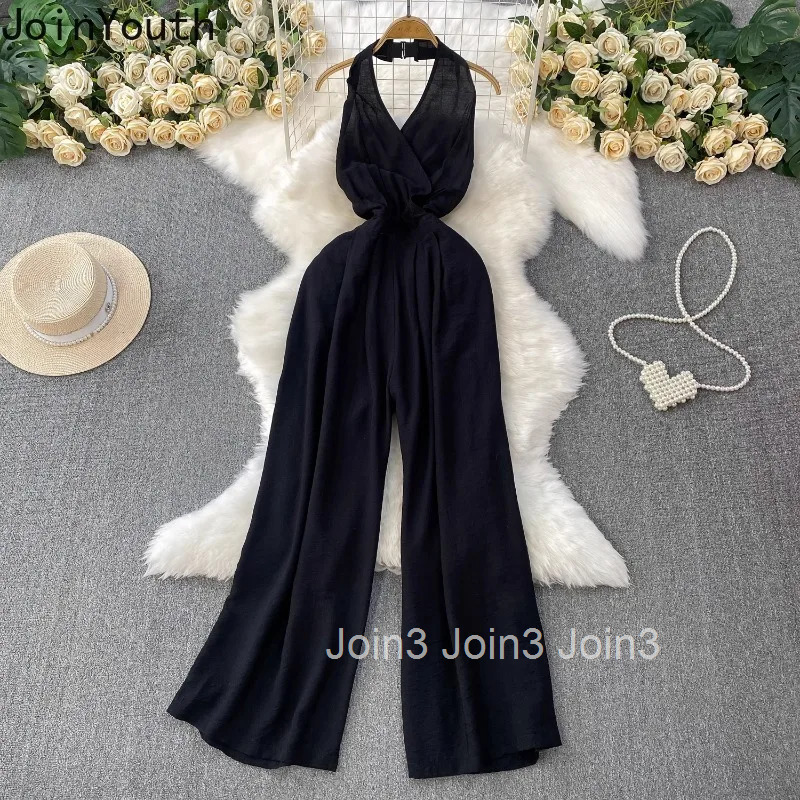 Summer Jumpsuits for Women Temperament Sexy Backless Bodysuit Slim Waist High Waist Straight Wide Leg Pants Chic Korean Playsuit