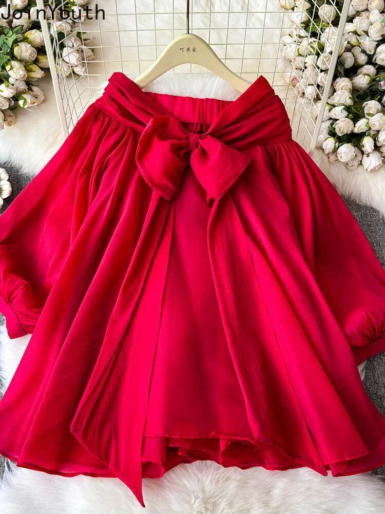 Sweet Blouses Women Clothing Slash Neck Temperament Tops 2025 Blusas Mujer De Moda Fashion Bow Irreguar Summer Blouse Shirts