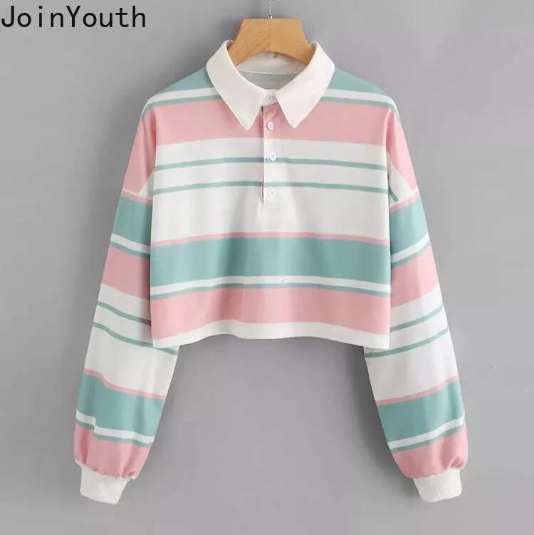 Joinyouth 2020 Fashion Women Crop Tops Long Sleeve Contrast Color Striped Shirt Casual Korean Tees Female Roupas Tshirts 7a1049