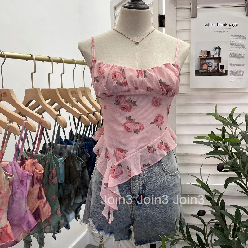 Irregular Tie Dye Printed Mesh Camisole Vest Women Clothing Sexy Tees Sleeveless Tunic Summer Camis Crop Tops Korean Chic Tanks